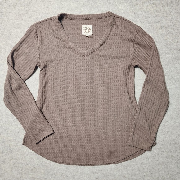 CHASER Womens Long Sleeve V Neck Waffle Knit Top Casual Everyday Brown Small - Picture 1 of 10